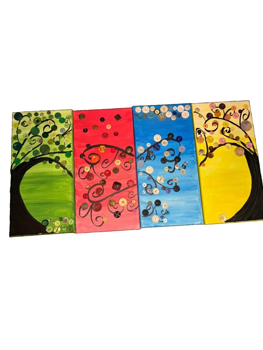 Whimsical Button Tree Canvas Wall Art 4 Piece Set Handmade Folk Art Mixed Media